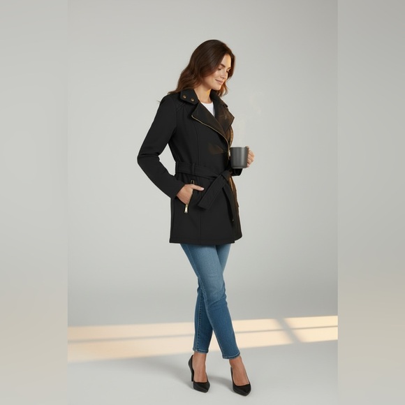 Michael Kors Softshell Moto Coat Belted Funnel Neck Hidden Hood - Picture 2 of 16